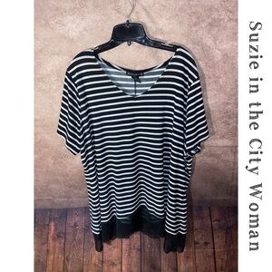 Suzie in the City-Black/white striped top w/black sheer accent-Size 2X-EUC!!